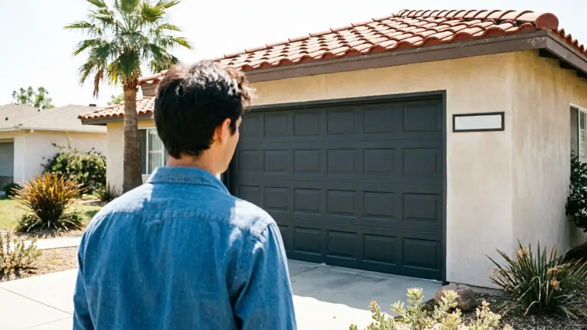 A person in a blue shirt stands facing a dark gray garage door on a house.