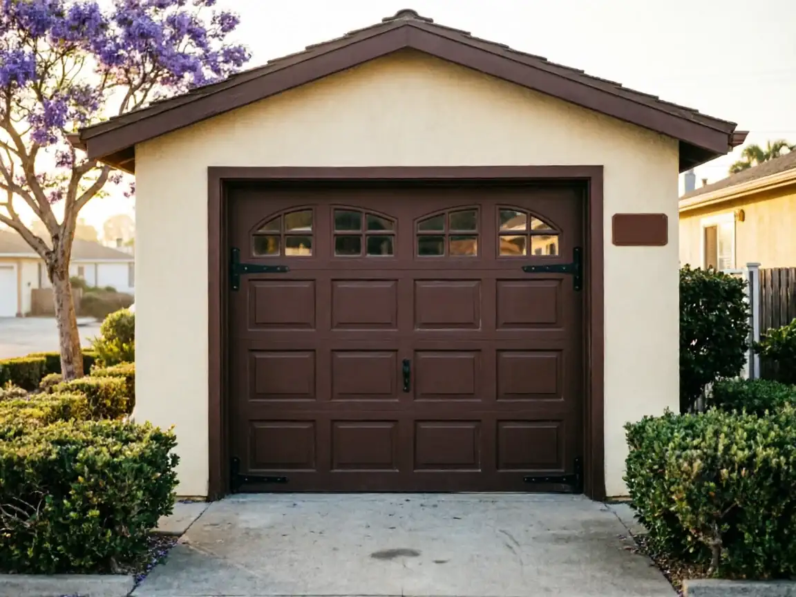 A brown garage door with decorative windows and hardware is on a cream-colored house.