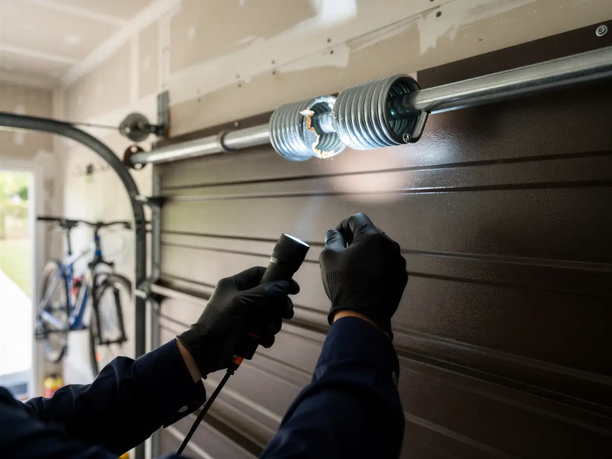A technician shines a flashlight on a broken garage door torsion spring.