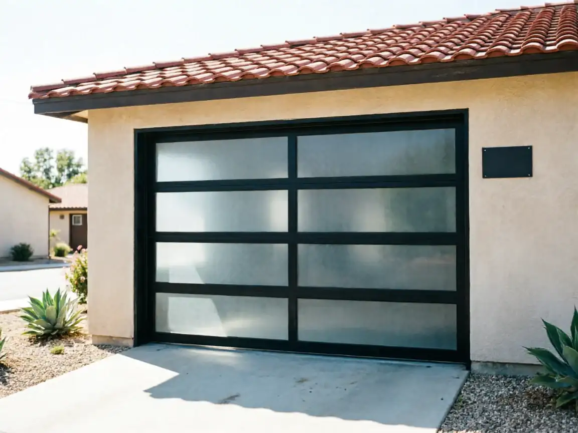The garage door is black with frosted glass panels on a stucco house.