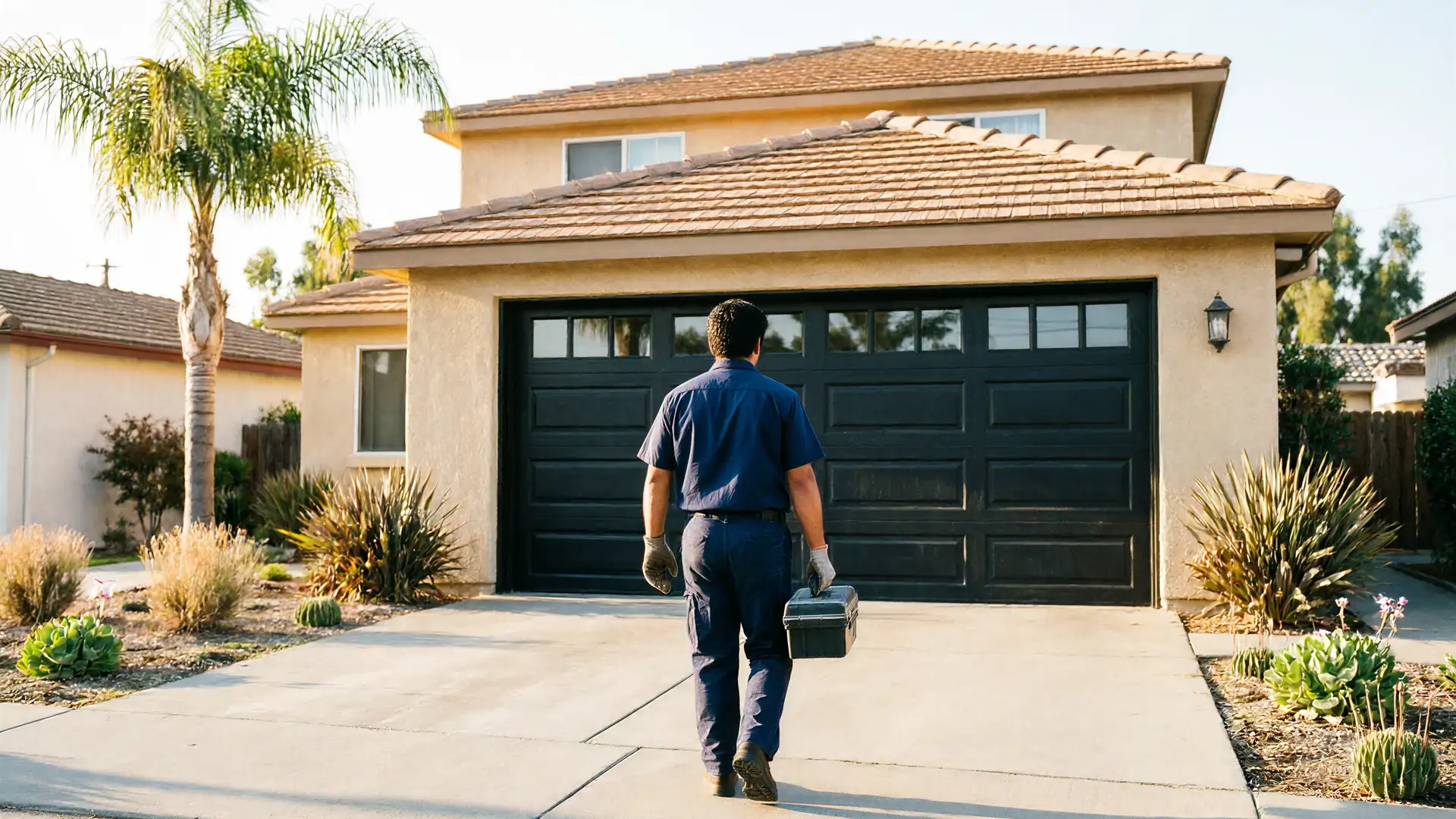 A technician in a blue uniform carries a toolbox toward a black garage door.