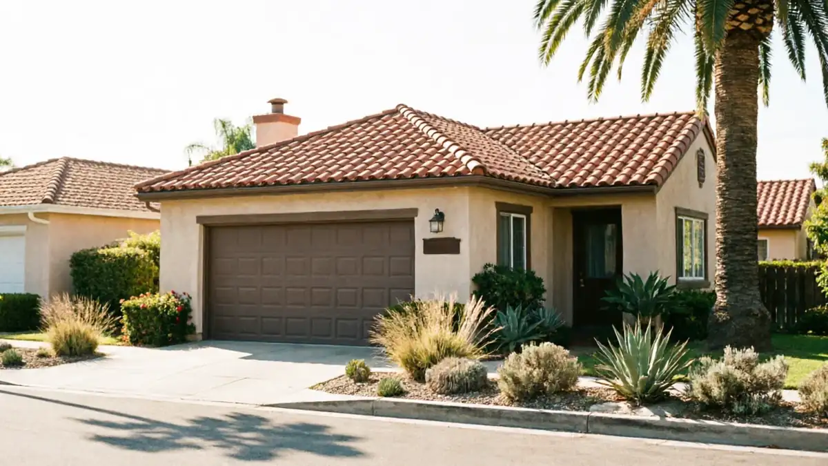 The house has a brown garage door, a tiled roof, and desert landscaping.