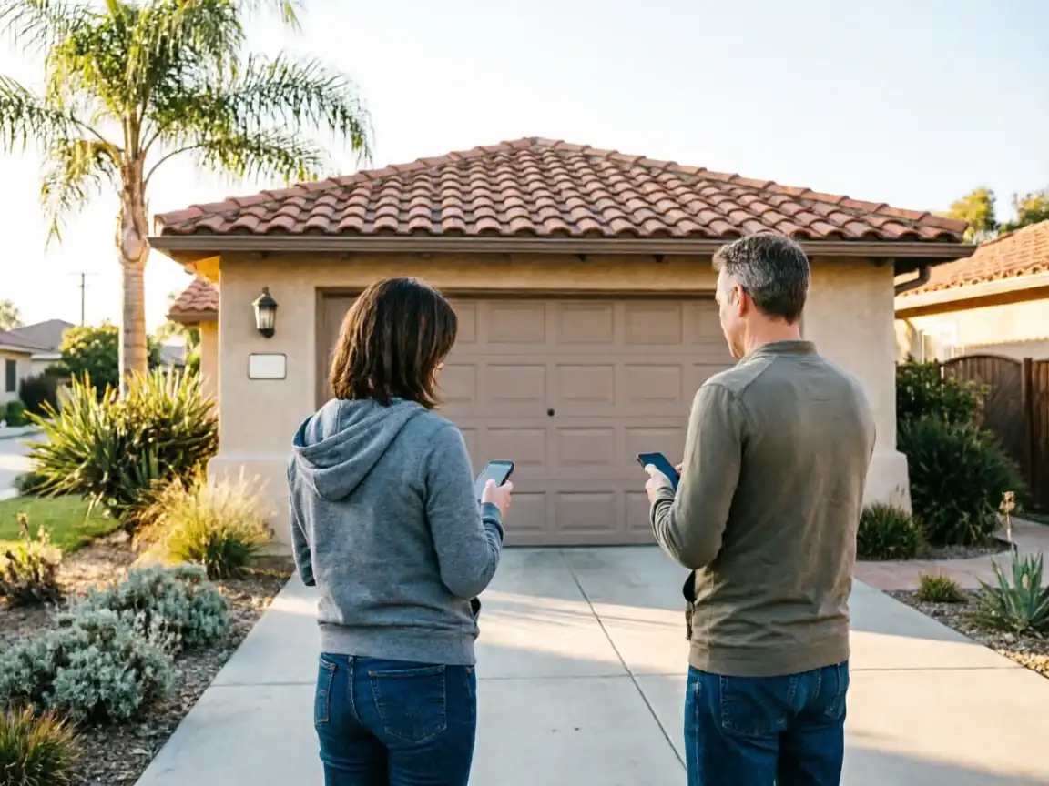 A man and a woman stand in a driveway, looking at their phones.