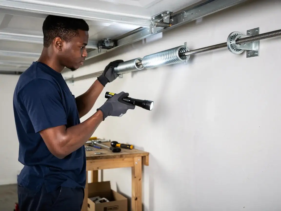 A technician holds a flashlight and works on a garage door torsion spring.