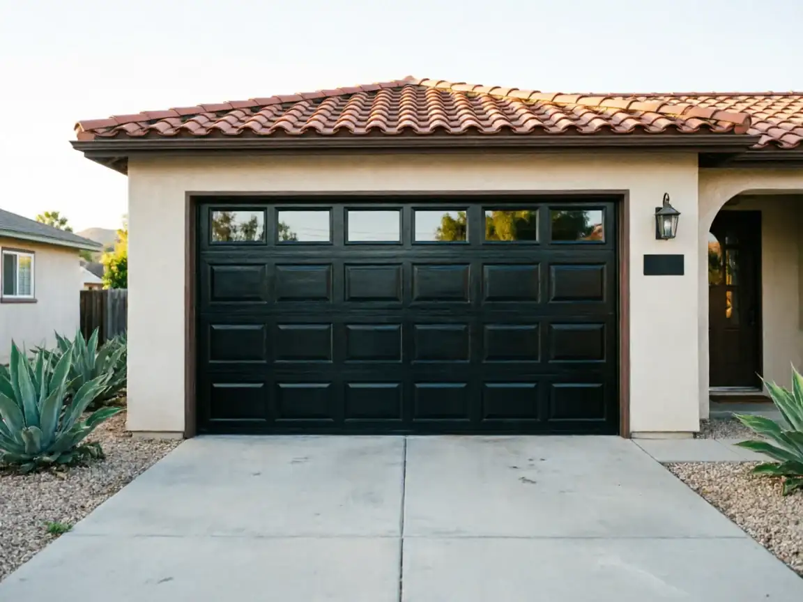A black garage door with windows is on a house with a red tile roof.