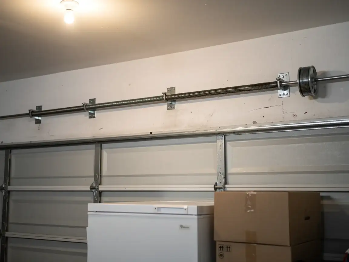 A torsion spring is installed above a white garage door, with a freezer and boxes below.