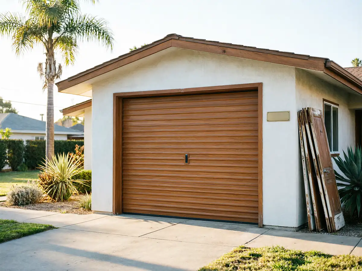 A brown garage door is on a white house with a palm tree.