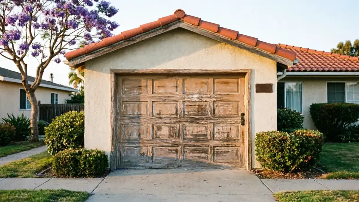 The garage door is old and weathered, with peeling paint and a visible lock.