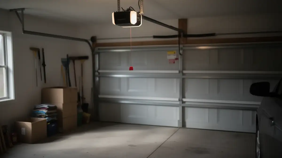 The garage door opener is lit, hanging above a closed garage door.