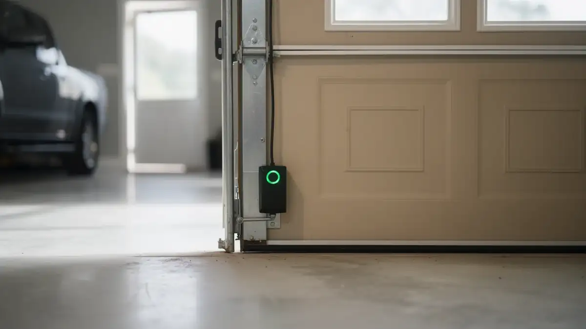 A black smart garage door opener is attached to a tan garage door.