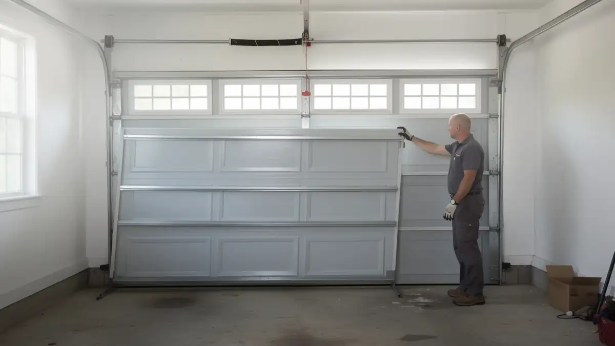 A technician is installing a white garage door with windows in a bright garage.