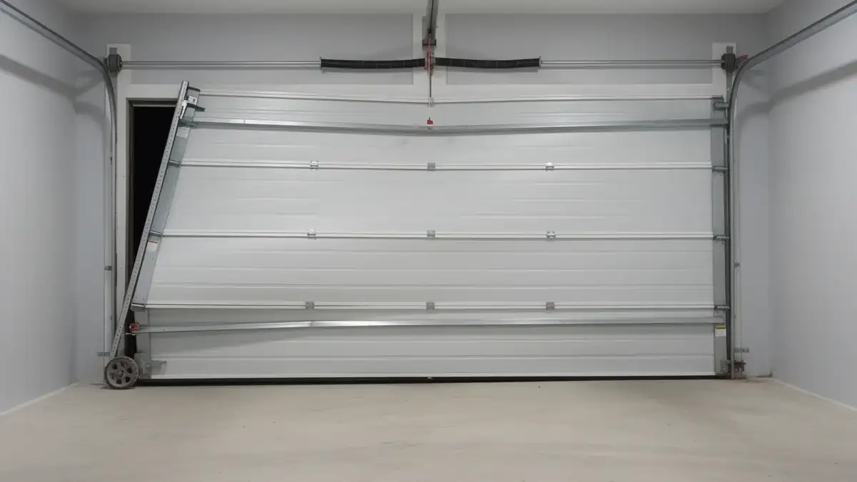 The white garage door is bent and off its tracks on the left side.